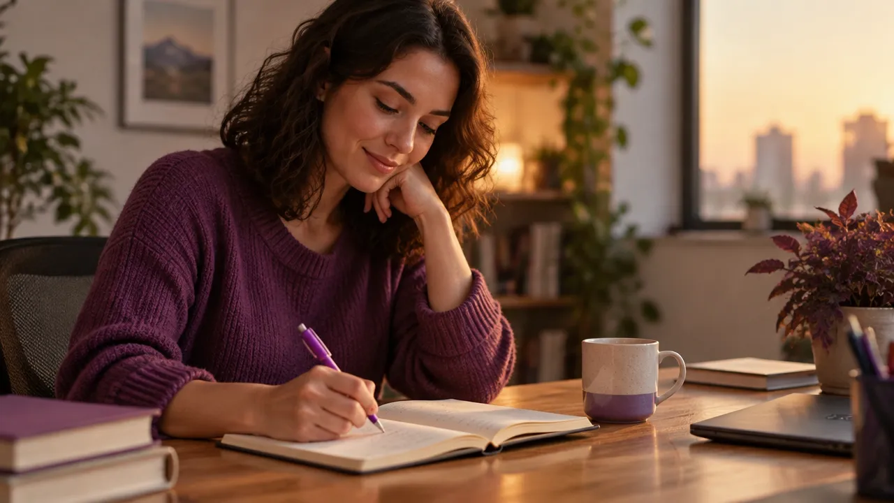 Pessoa registra reflexões e pequenas ações do dia em um caderno, aplicando dimensões de bem-estar na rotina.