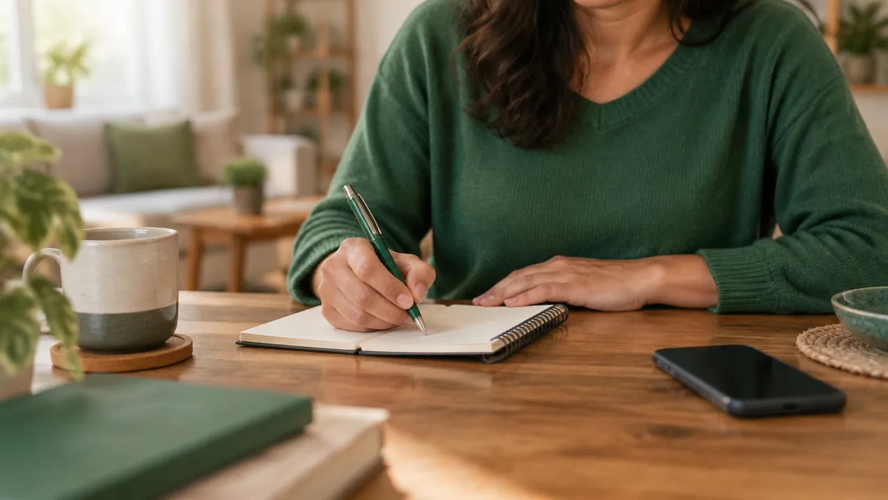 Pessoa registra reflexões em um caderno antes de iniciar uma conversa delicada
