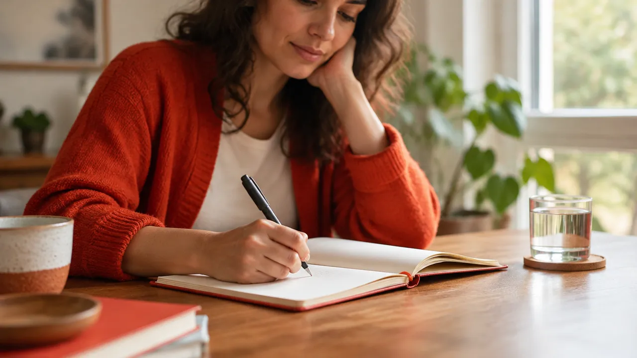 Pessoa registra reflexões em um caderno como prática de bem-estar consciente
