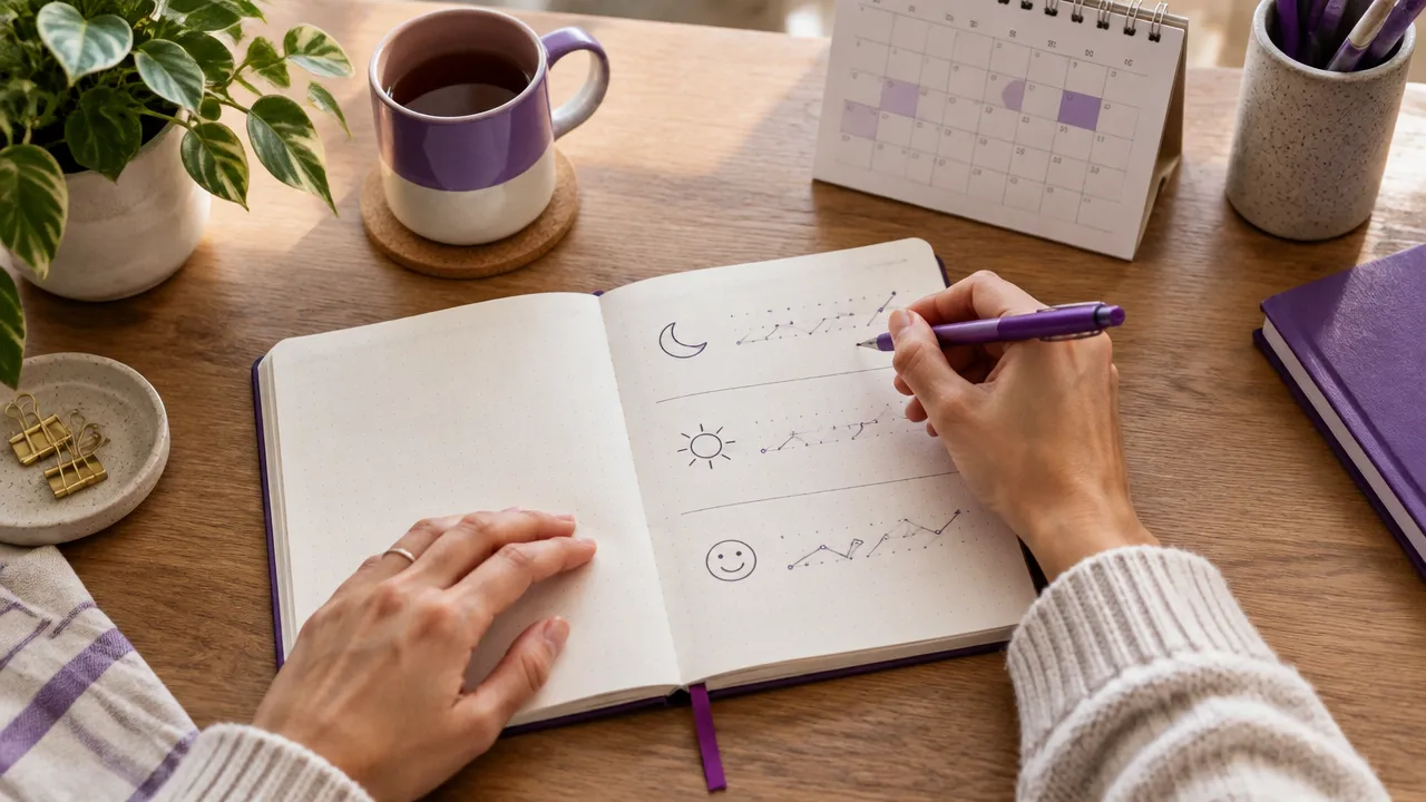 Pessoa registra sono, energia e humor em um caderno para organizar informações antes de uma consulta