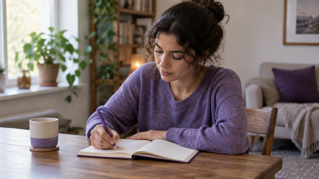Pessoa registrando as próprias emoções em um caderno durante uma pausa tranquila em casa