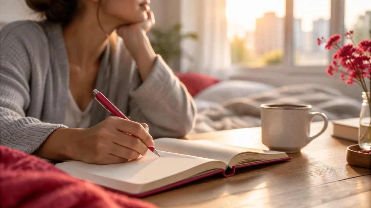 Pessoa registrando em um caderno as lembranças de um sonho ao acordar, em um momento de reflexão tranquila.
