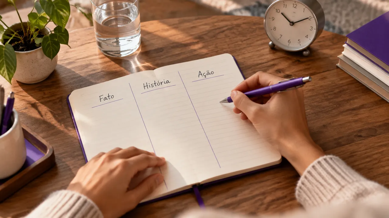 Pessoa registrando em um caderno os fatos, as interpretações e a próxima ação para examinar suas próprias narrativas.