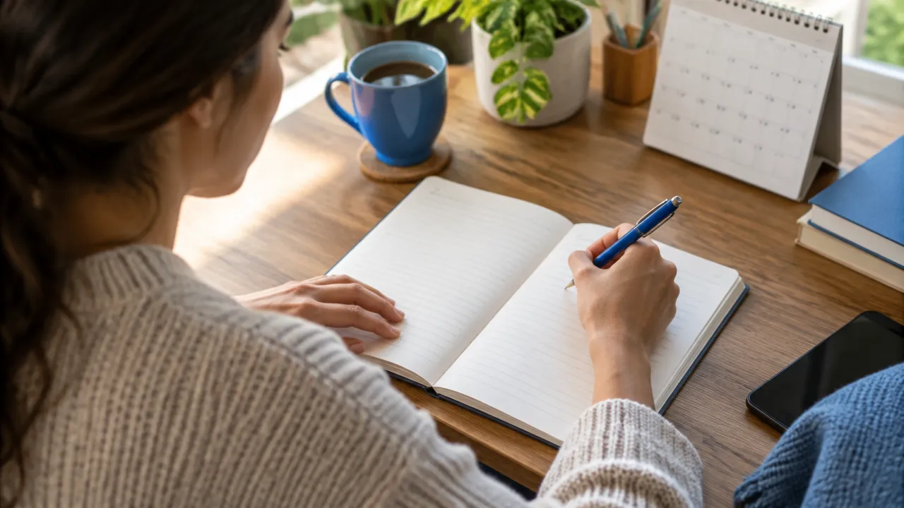 Pessoa anotando no caderno uma ação concreta para cultivar virtudes no cotidiano