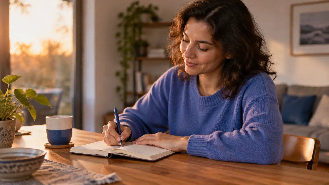 Pessoa registrando em um caderno uma experiência concreta de gratidão no fim do dia