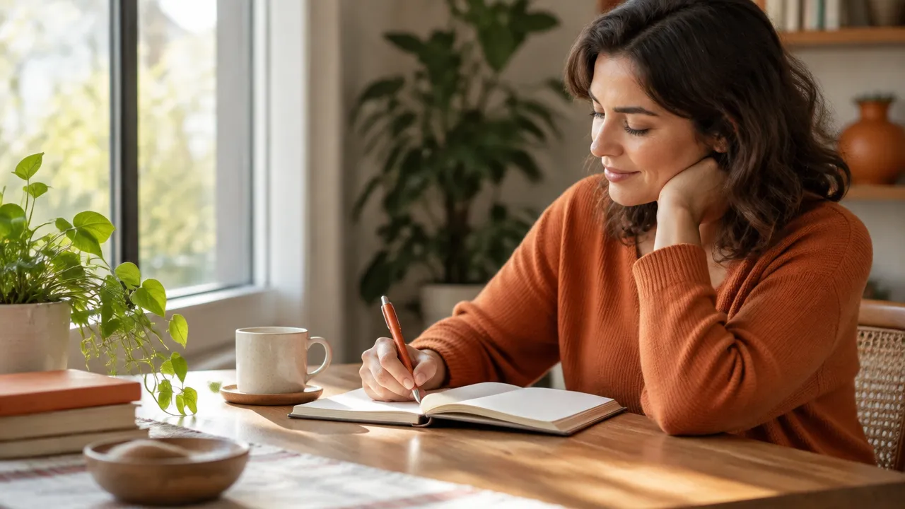 Pessoa registrando em um caderno uma pequena ação de mudança após uma pausa reflexiva.