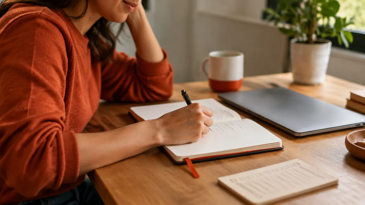 Pessoa registrando emoções e próximos passos em um caderno durante a retomada consciente de um projeto