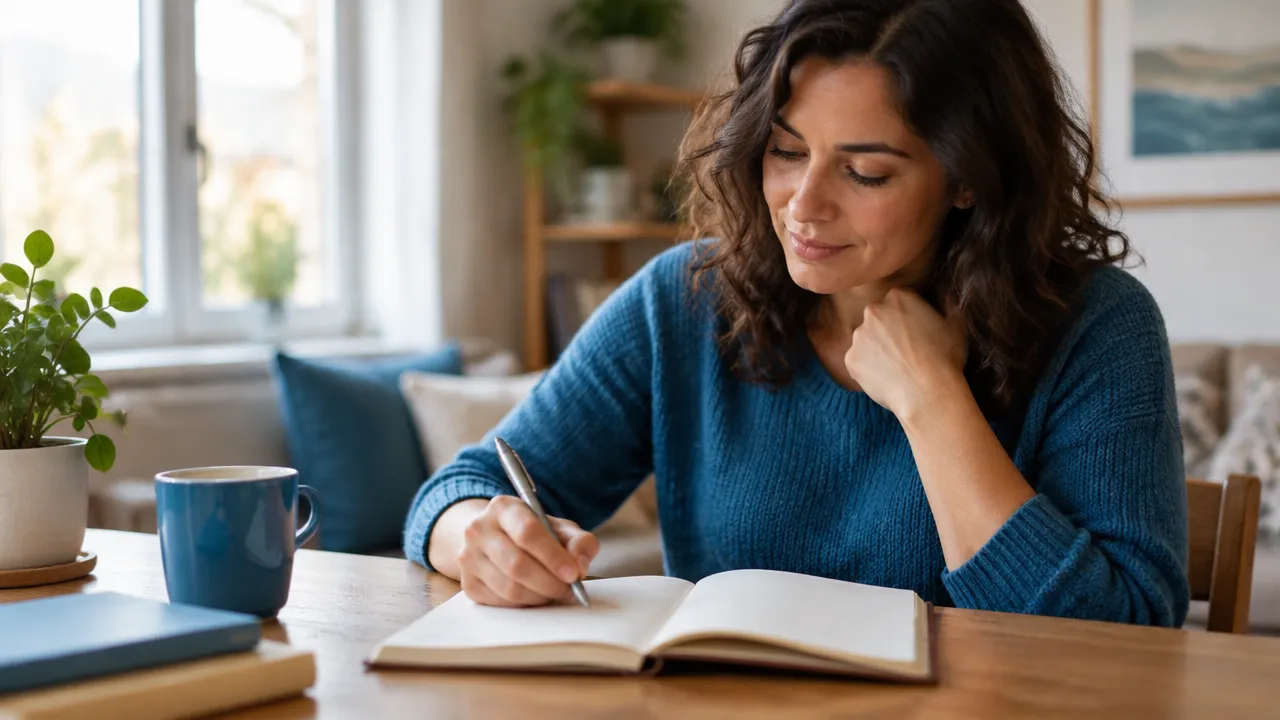 Pessoa registrando emoções em um caderno durante uma pausa consciente