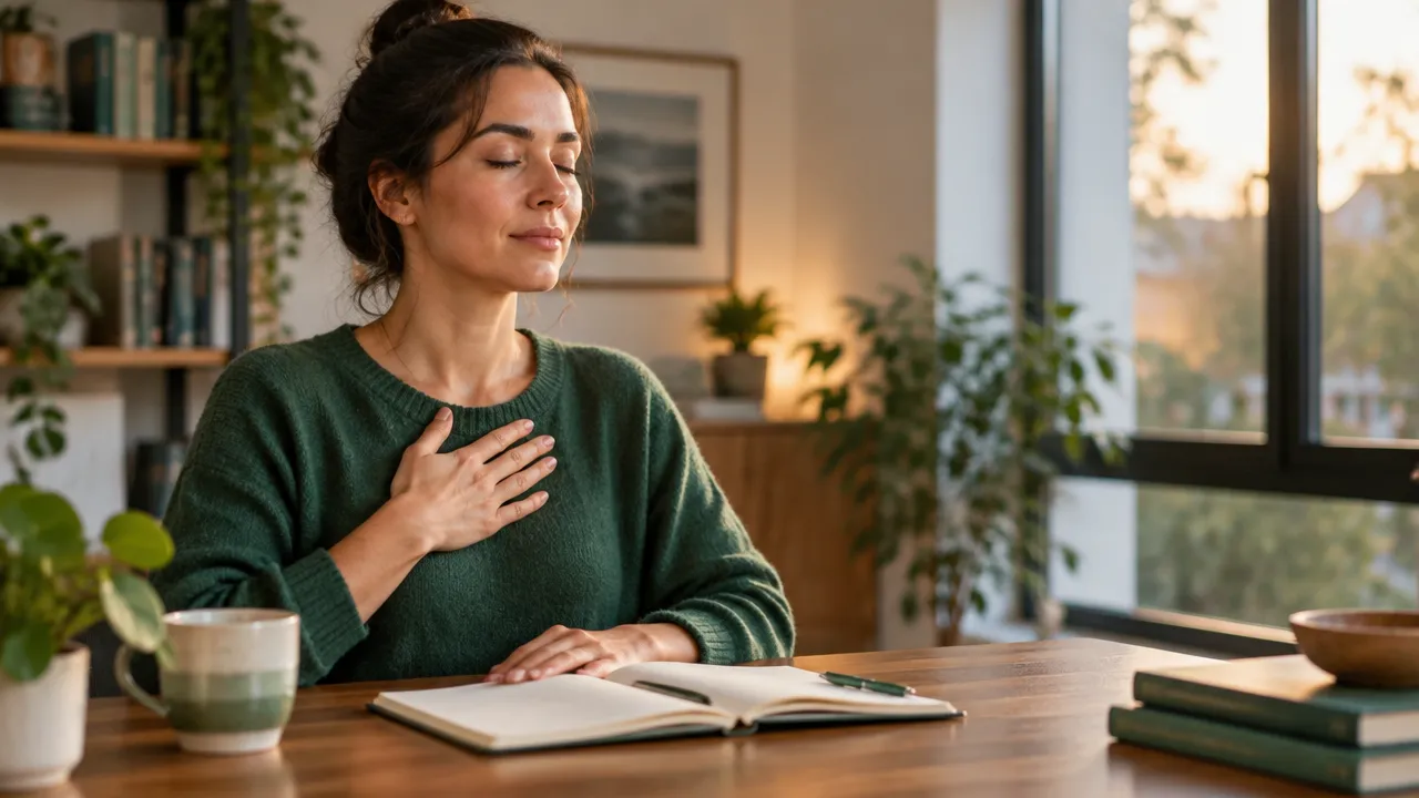 Pessoa registrando emoções em um diário durante uma pausa consciente para praticar autorregulação.