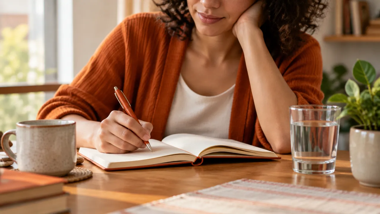 Pessoa registrando emoções em um diário durante uma pausa consciente