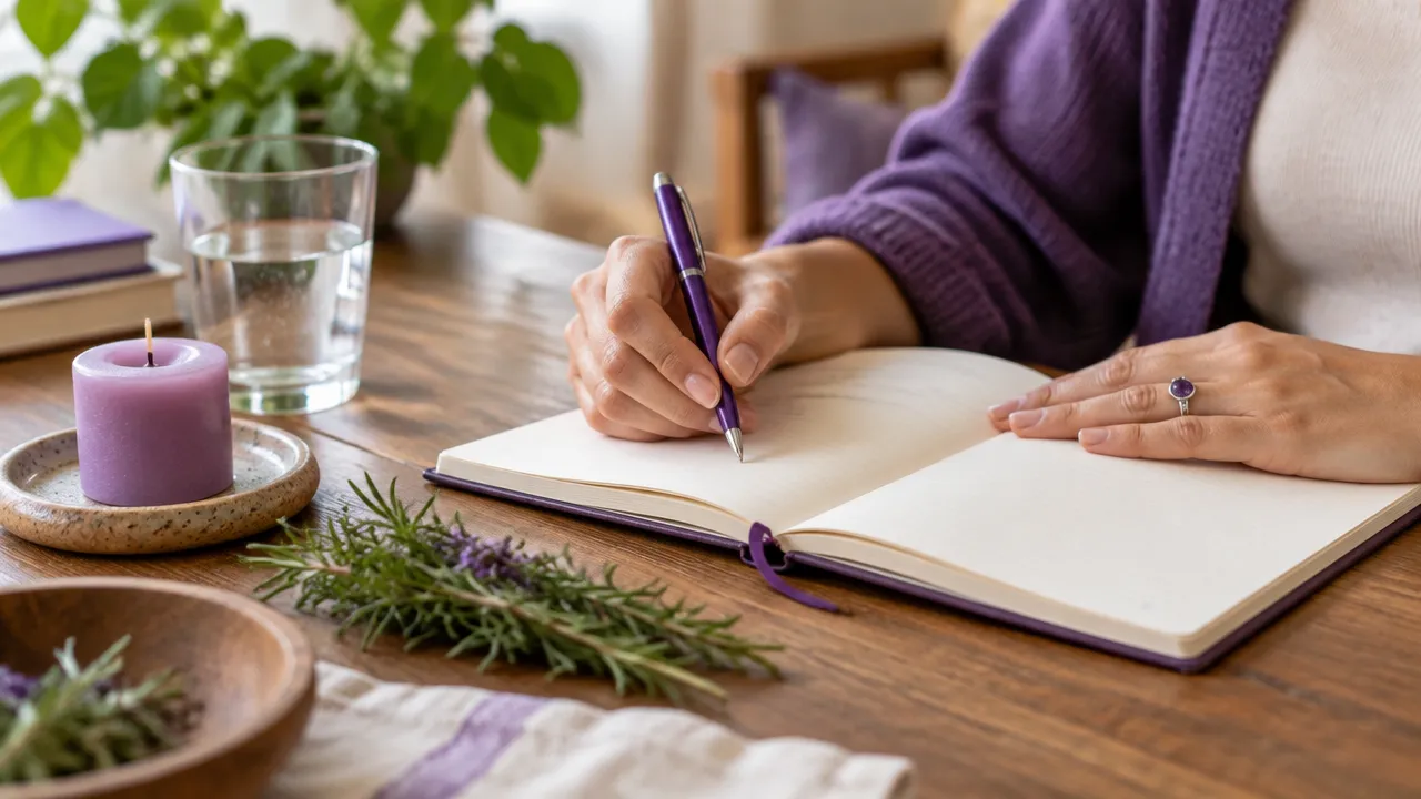 Pessoa registrando intenções e limites éticos em um caderno ao lado de ervas e uma vela