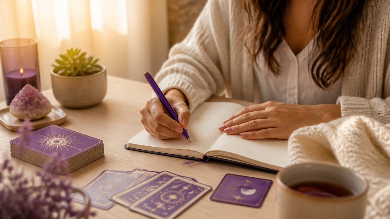 Pessoa registrando no diário insights da leitura de cartas para criar uma rotina de autocuidado
