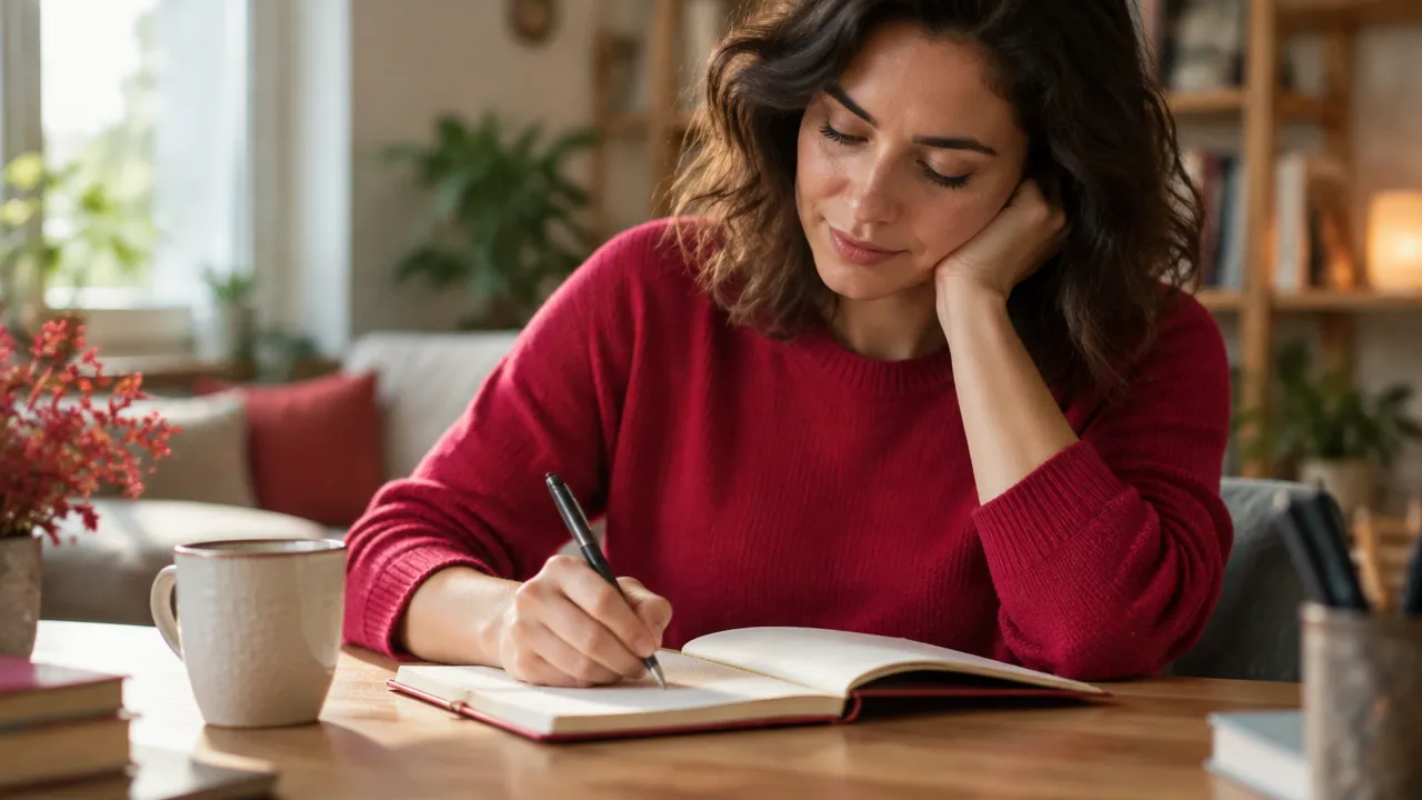 Pessoa registrando num caderno o contexto e as emoções ligados à repetição de um padrão antigo