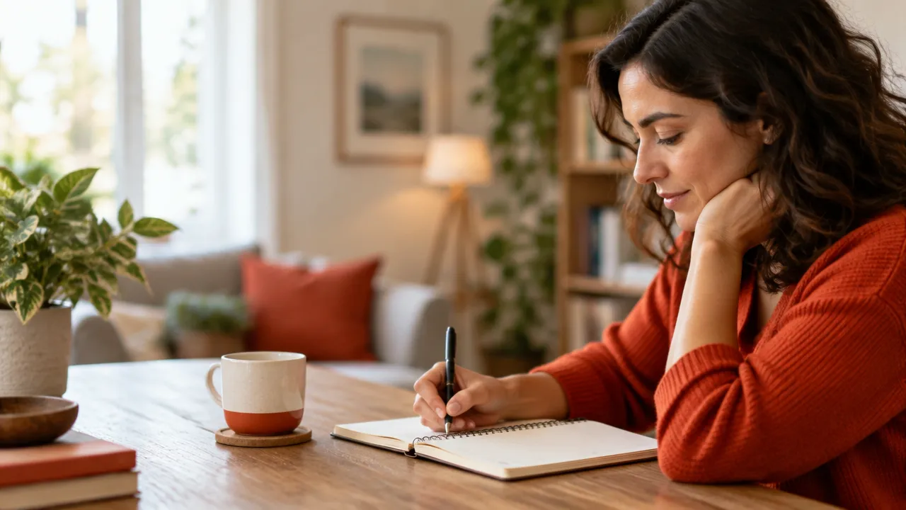 Pessoa registrando pensamentos e emoções em um caderno durante um exercício terapêutico