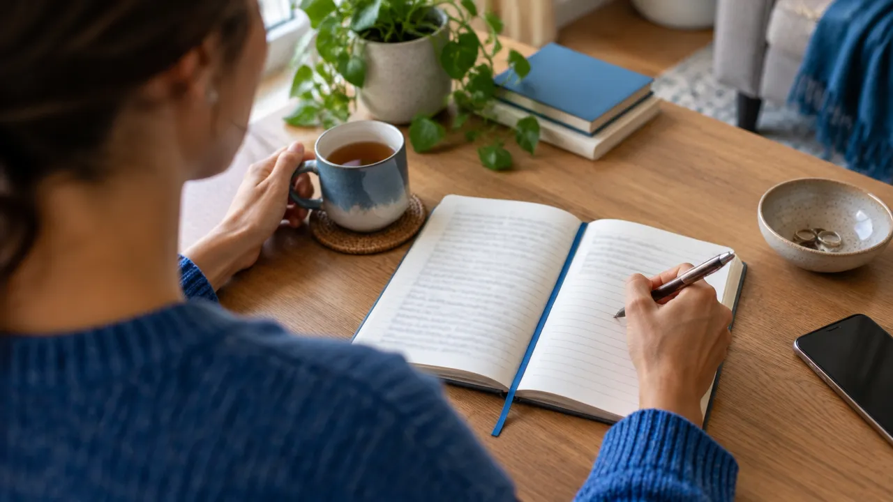 Pessoa registrando pensamentos e emoções em um diário para praticar autoconsciência