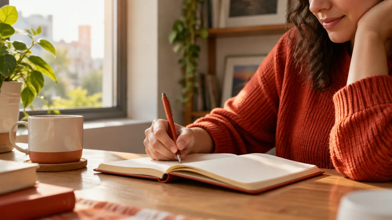 Pessoa registrando pensamentos em um caderno como parte de uma rotina de autocuidado emocional