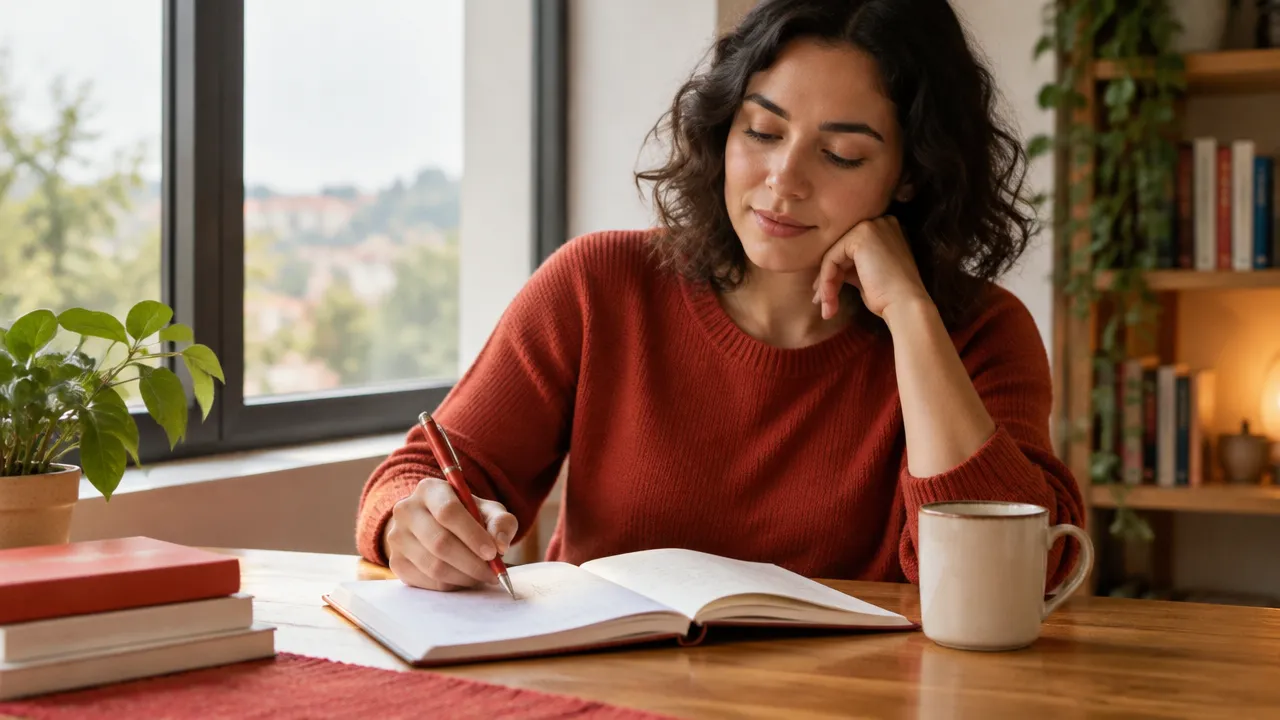 Pessoa registrando pensamentos em um caderno durante uma reflexão sobre crenças e evidências.