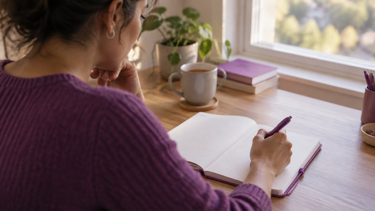 Pessoa registrando pensamentos em um caderno para observar a autocrítica antes de responder a ela