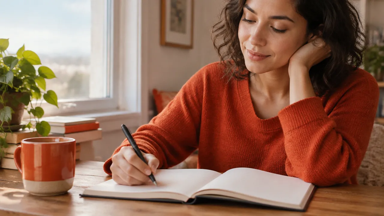 Pessoa registrando pensamentos no caderno para observar a autocrítica com mais consciência