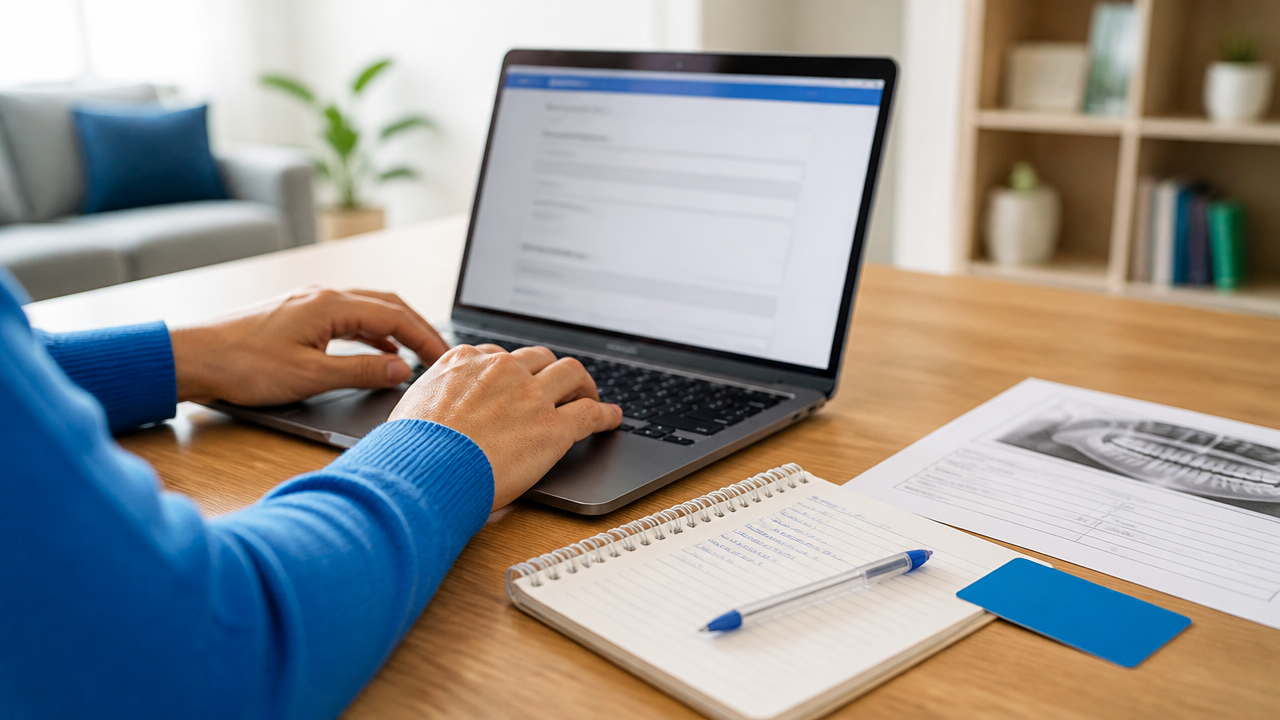 Pessoa registrando reclamação online após negativa de plano odontológico com protocolo ao lado