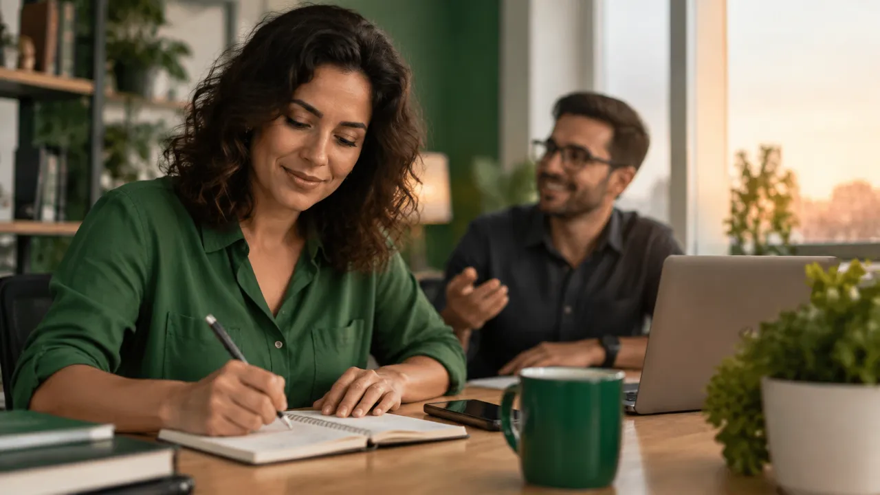 Pessoa registrando reflexões cotidianas em um caderno durante uma pausa no trabalho