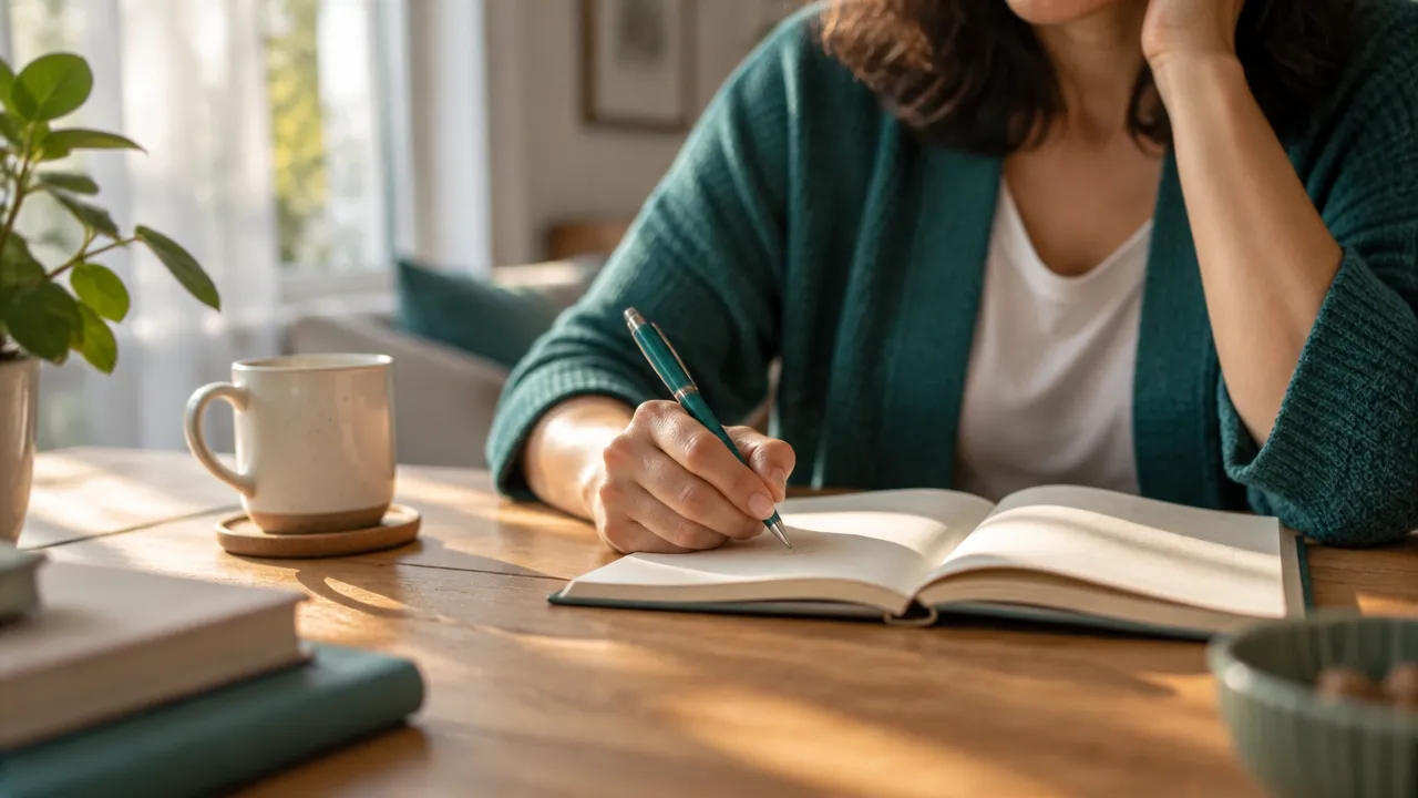 Pessoa registrando reflexões em um caderno para reconhecer emoções e padrões.