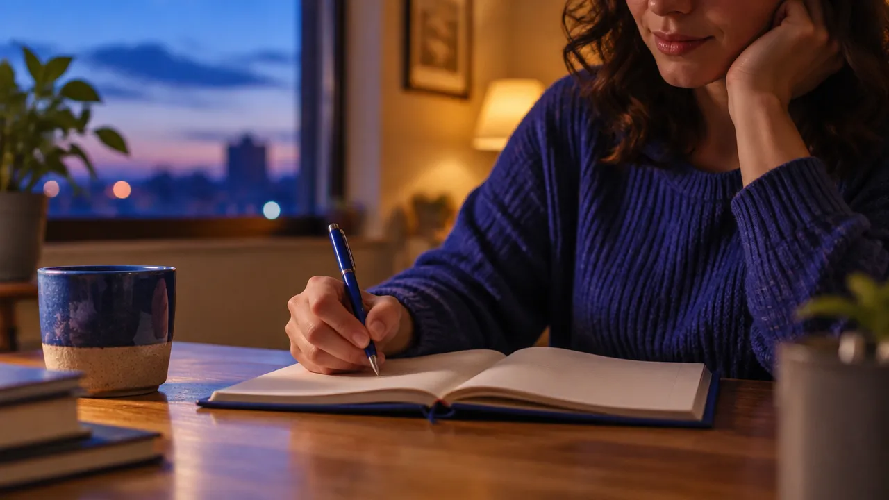 Pessoa registrando reflexões éticas em um caderno ao fim do dia, sob luz suave de entardecer