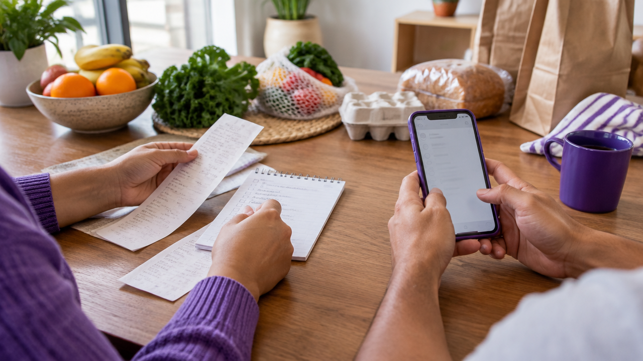 Pessoa registrando uma despesa no celular durante a organização semanal das contas da família