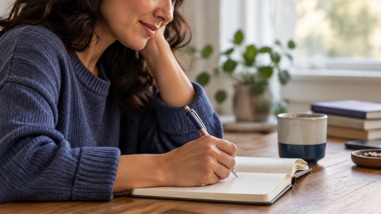 Pessoa registrando uma reflexão em um caderno para observar pensamentos com gentileza e objetividade
