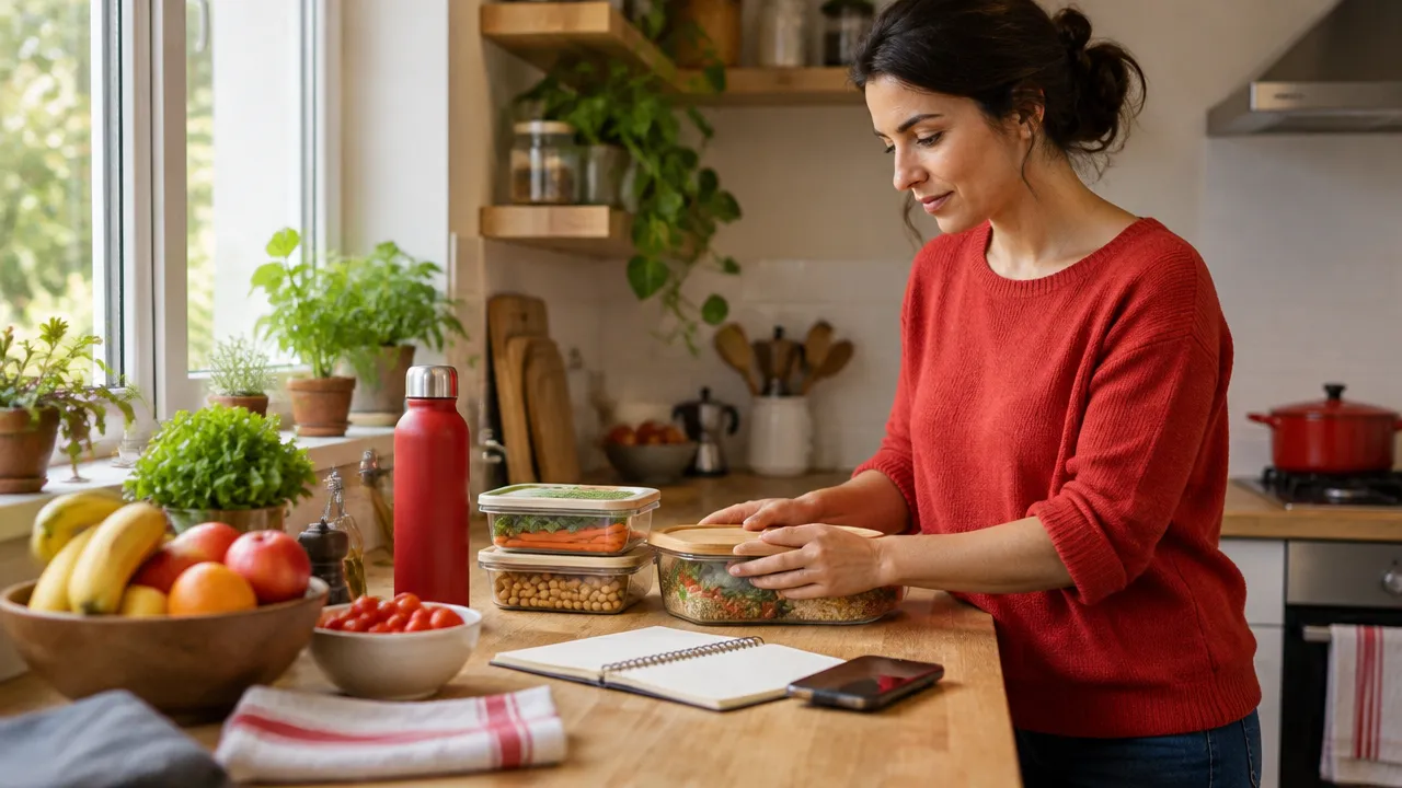 Pessoa reorganizando a cozinha e planejando refeições simples para apoiar escolhas alimentares conscientes