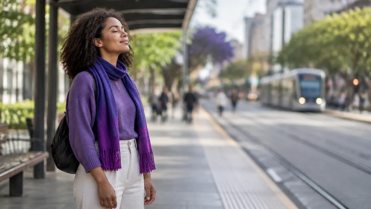 Pessoa respira com atenção durante uma pausa curta no ambiente urbano, longe do fluxo de pedestres.
