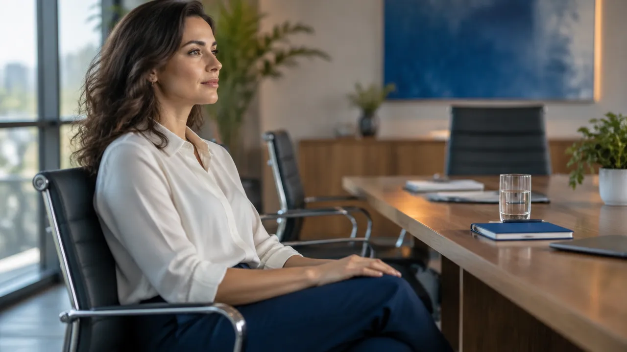 Pessoa respira com calma antes de uma conversa difícil em uma sala de reunião.