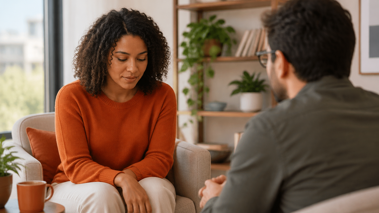 Pessoa respira e faz uma pausa durante uma conversa tensa para escolher uma resposta mais consciente.