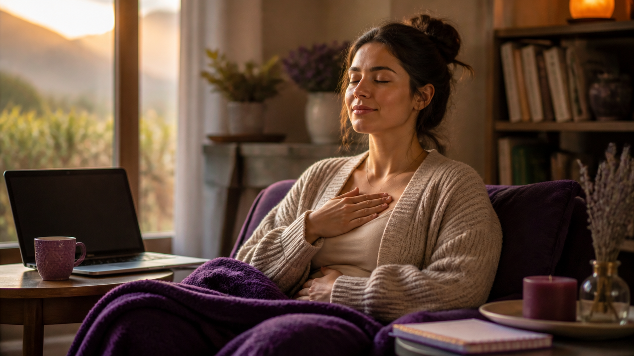 Pessoa respirando com calma após uma consulta online, em ambiente acolhedor e silencioso