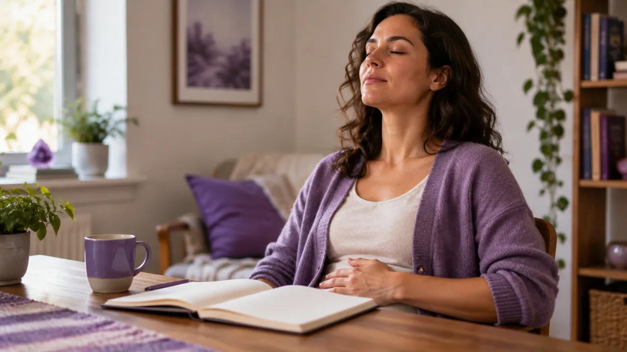 Pessoa respirando com calma e anotando emoções em um caderno para escolher como agir