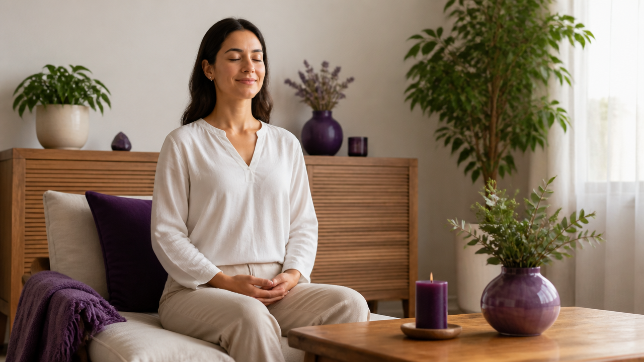 Pessoa respirando com calma e sorrindo suavemente em um exercício de presença e equilíbrio