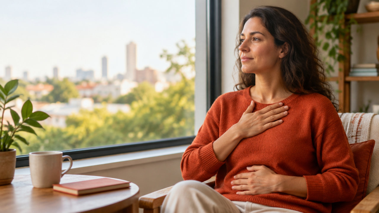 Pessoa respirando com calma junto à janela, atenta às sensações do corpo e ao ambiente
