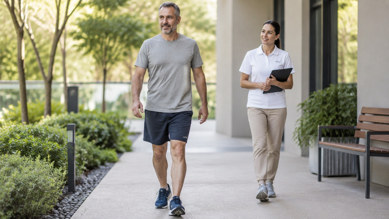 Pessoa retomando caminhada leve de forma gradual durante a recuperação de uma lesão óssea