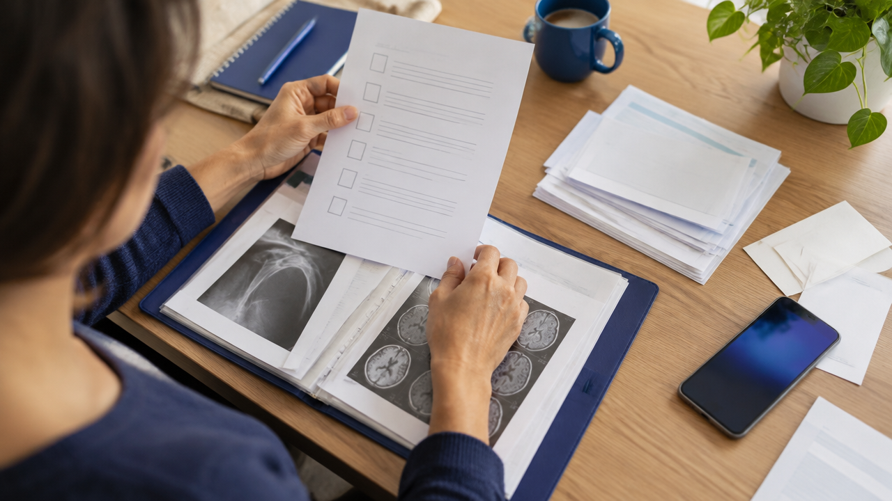 Pessoa reúne relatórios, exames e documentos pessoais para a perícia médica