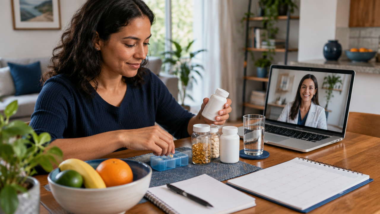 Pessoa revisa sua rotina de suplementação em uma consulta de acompanhamento com nutricionista