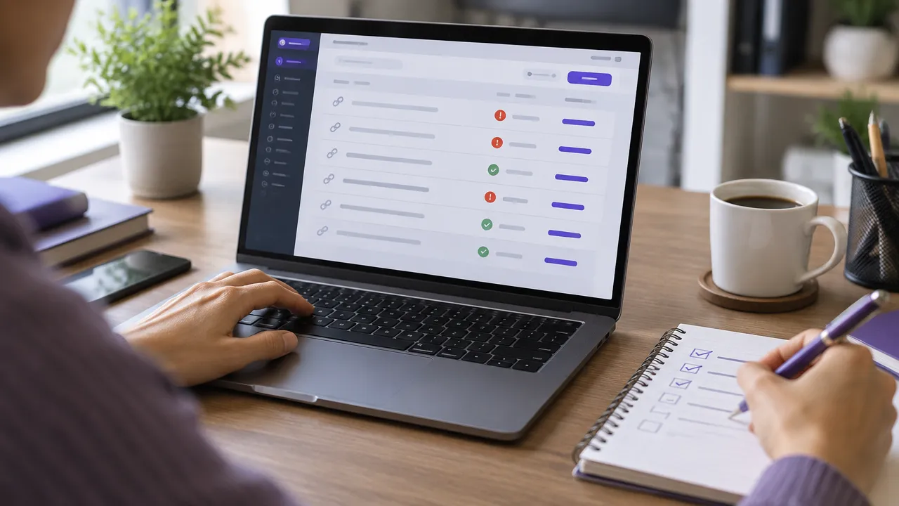 Pessoa revisa uma auditoria de URLs no laptop e anota links internos que precisam de correção.