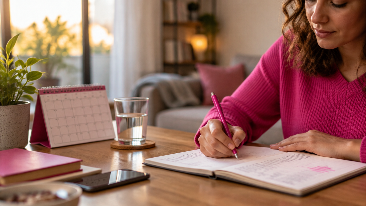 Pessoa revisando mensalmente seus objetivos e registrando aprendizados em um caderno