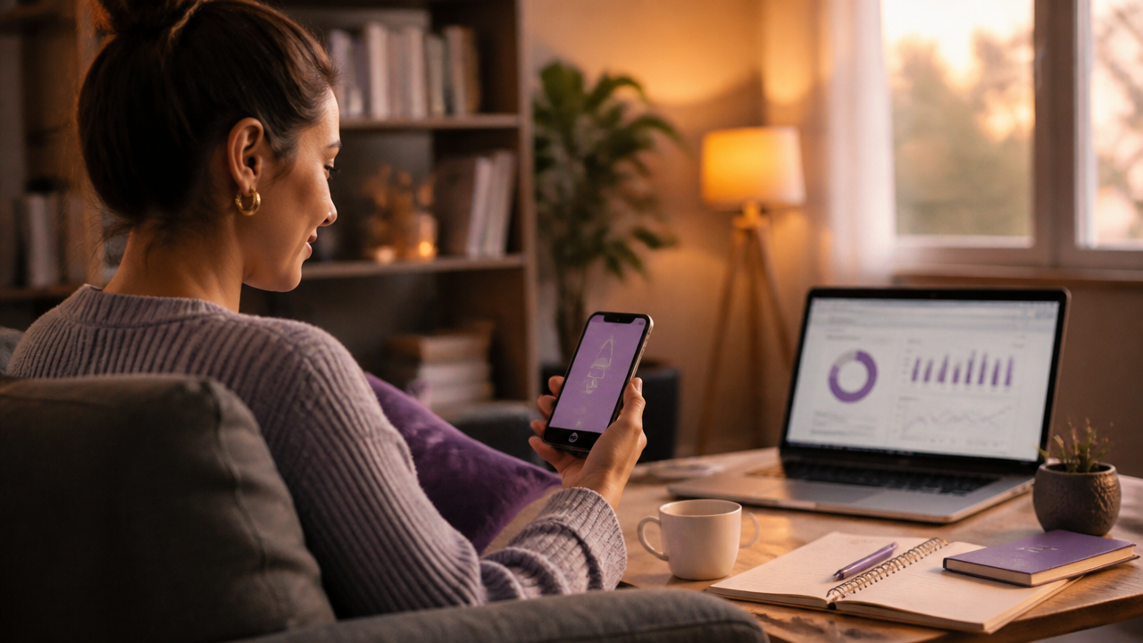 Pessoa revisando o orçamento semanal no celular com notebook ao fundo
