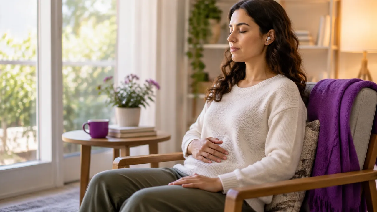 Pessoa sentada com os pés apoiados e atenção voltada à respiração durante uma meditação guiada.