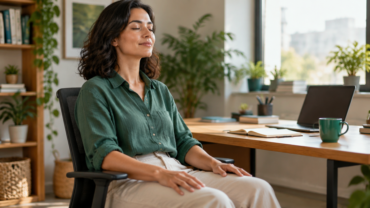 Pessoa sentada com os pés apoiados no chão e os olhos fechados durante uma pausa de meditação no trabalho
