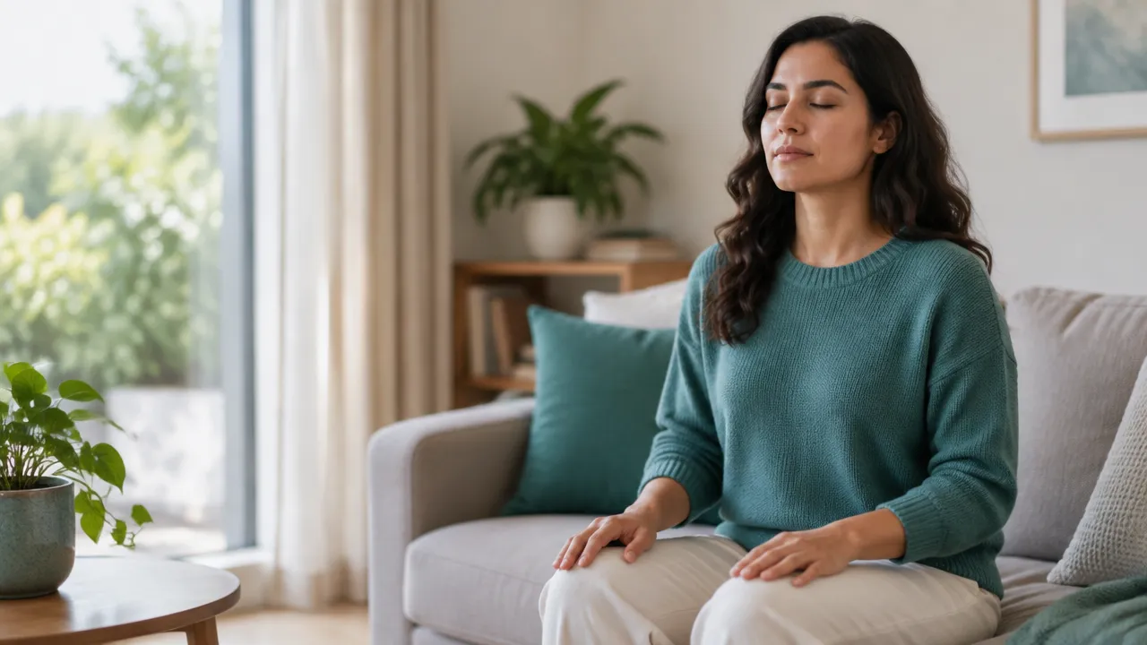 Pessoa sentada com os pés apoiados no chão, fazendo uma pausa consciente para atravessar um pico de ansiedade