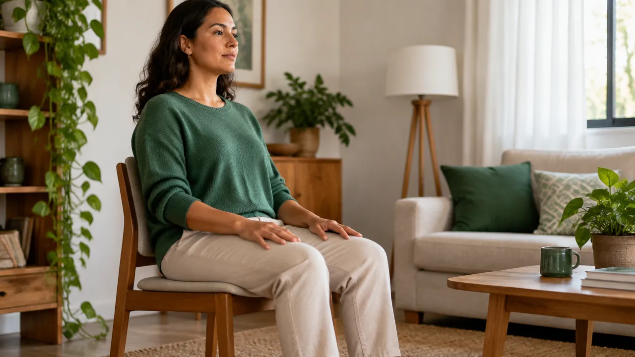 Pessoa sentada com os pés apoiados, praticando atenção consciente à respiração