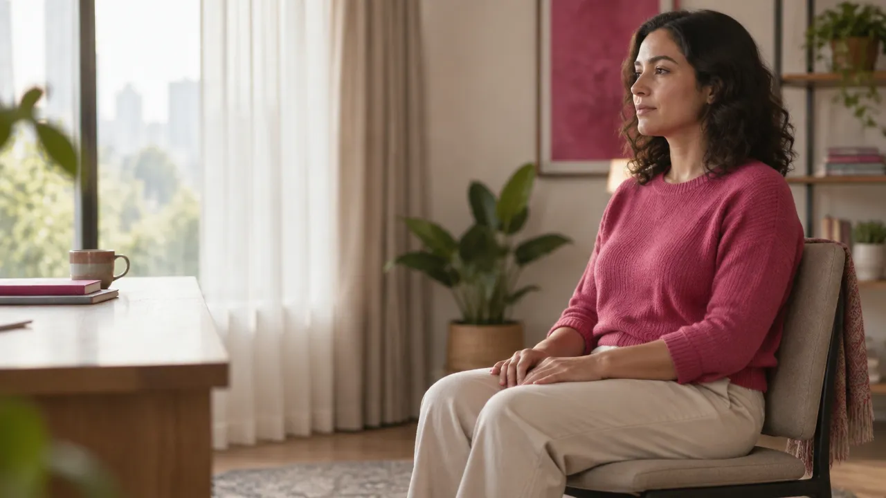 Pessoa sentada com os pés firmes no chão e respirando devagar durante uma pausa emocional