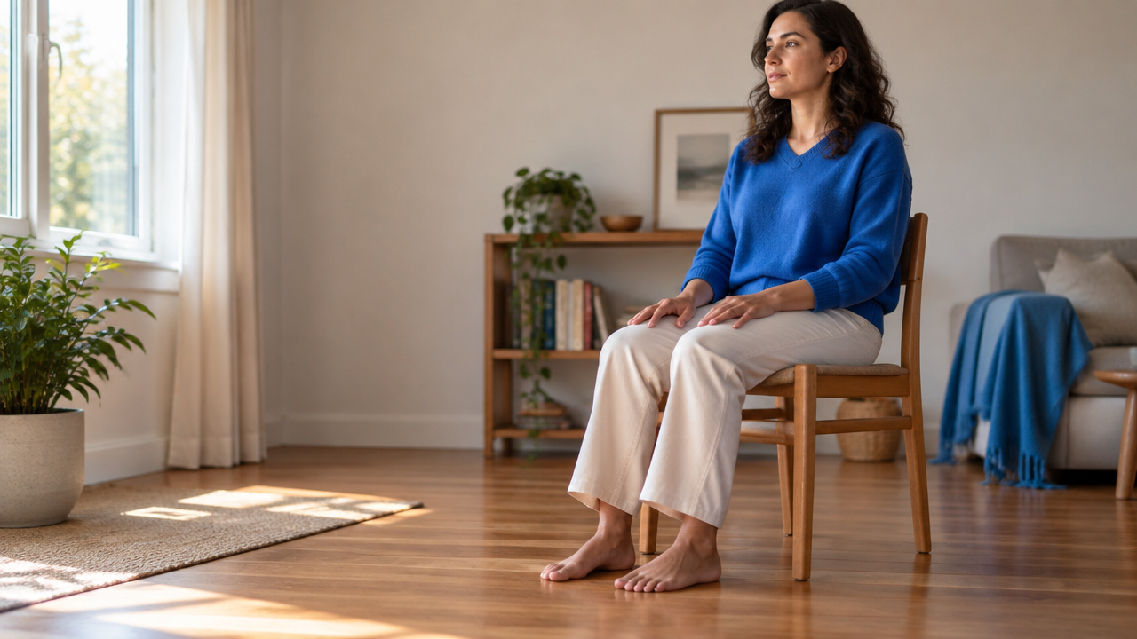 Pessoa sentada com os pés firmes no chão, usando uma pausa consciente para recuperar presença durante uma transição