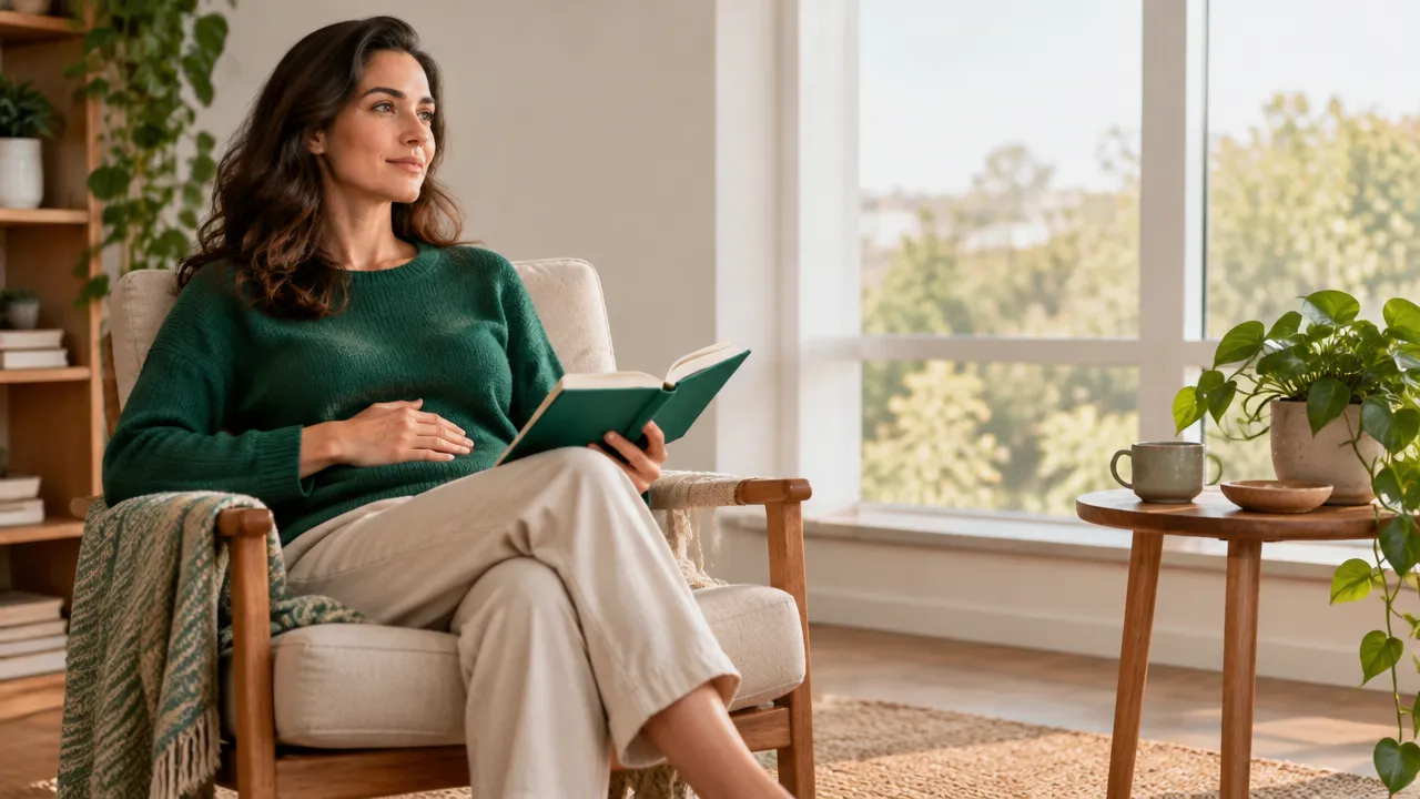 Pessoa sentada com os pés no chão, observando as próprias sensações e registrando uma reflexão em um caderno.